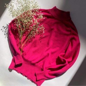 Vintage 100% Wool Hot Pink Balloon Sleeve Mock Neck Pullover Sweater size Medium